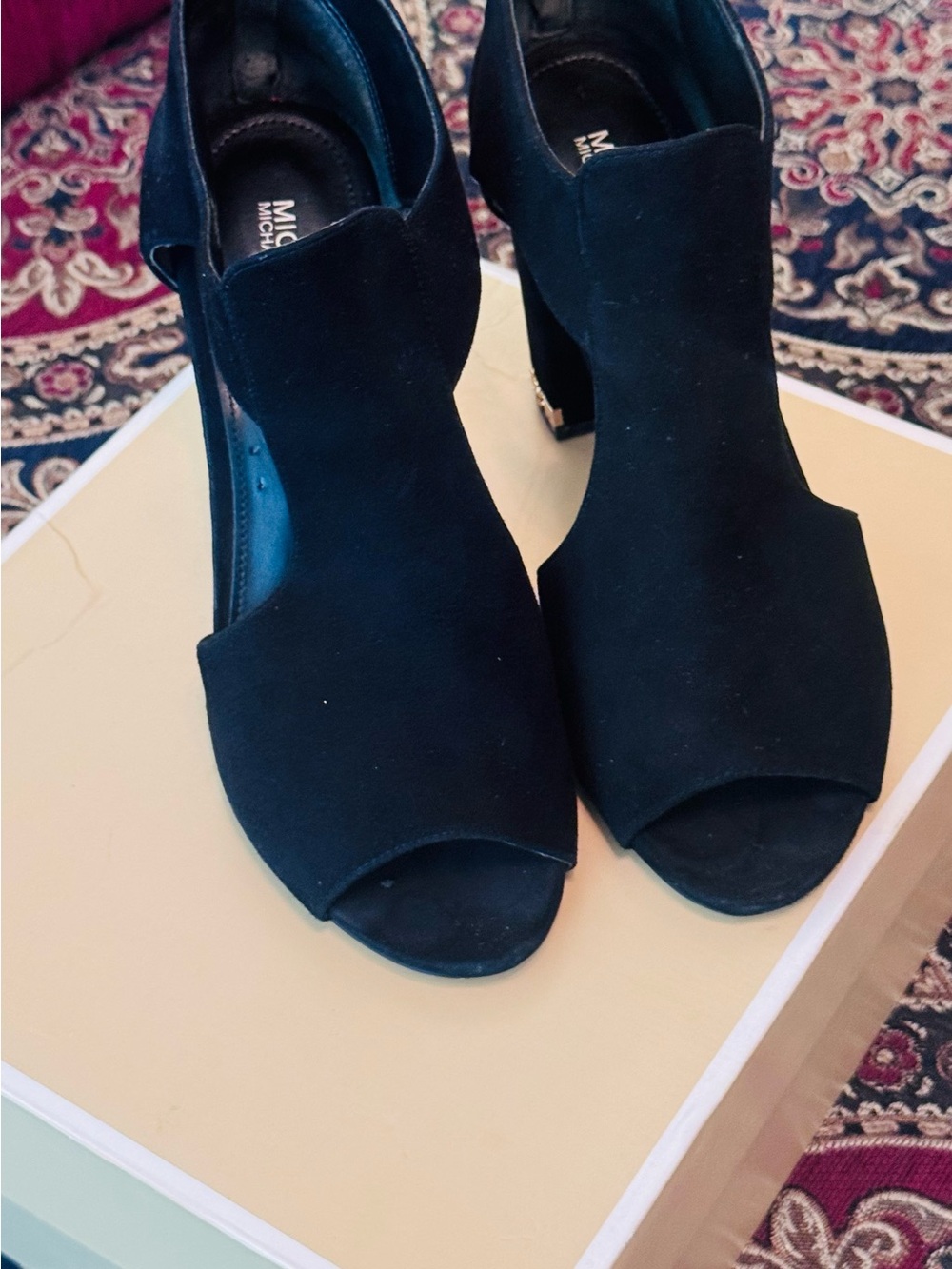 MICHAEL Michael Kors Black Suede Block Heel Sandals with Gold Chain Accent - Picture 4 of 8